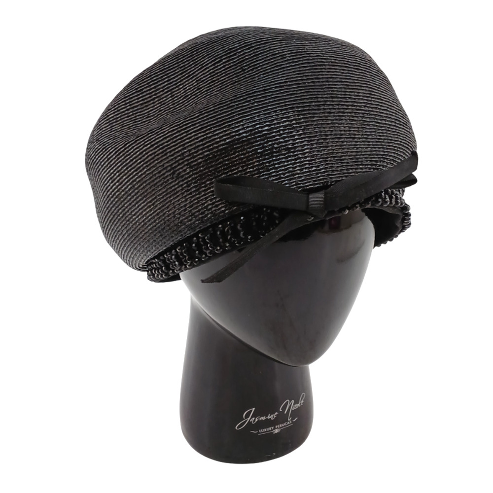 Vintage Black Straw Cloche Hat with Beaded Trim & Bow Accen